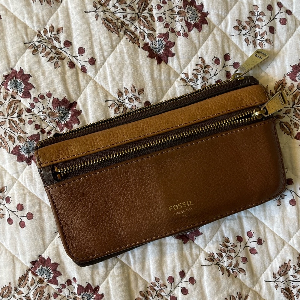 Fossil Leather Wallet with Gold Zippers